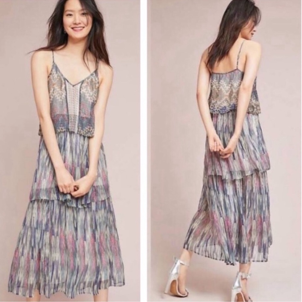 Anthropologie Meadow Rue Josie Tiered Maxi Dress Gray Pink Metallic Silver-4